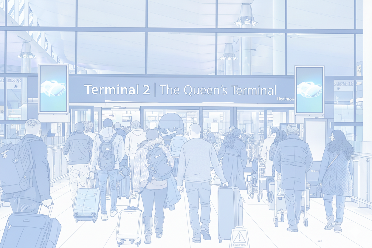 Line art illustration of London Heathrow Airport Terminal building in light blue and white.