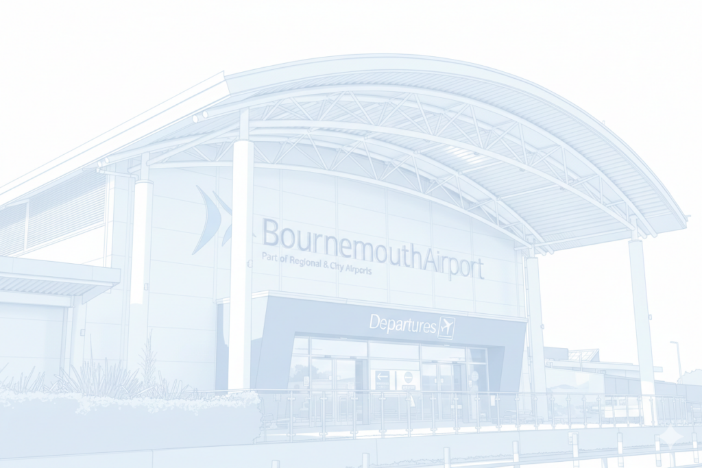 Clean minimal illustration of Bournemouth Airport Departures terminal for professional taxi service.